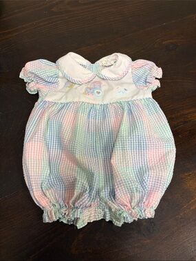 Vintage Pastel Gingham Baby Bubble Romper with Embroidered Train 3-6 months